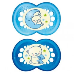 Anneau Nuit 2 Sucettes Anatomiques Phosphorescentes Silicone 6 Mois Et + – Modèle Bleu, Lune & Ours